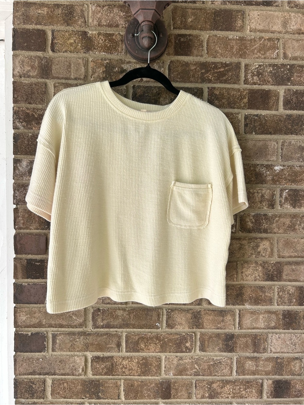 JOA Y2K Pale Yellow Waffle Knit Boxy Pocket Tee | Oversized Minimalist Top